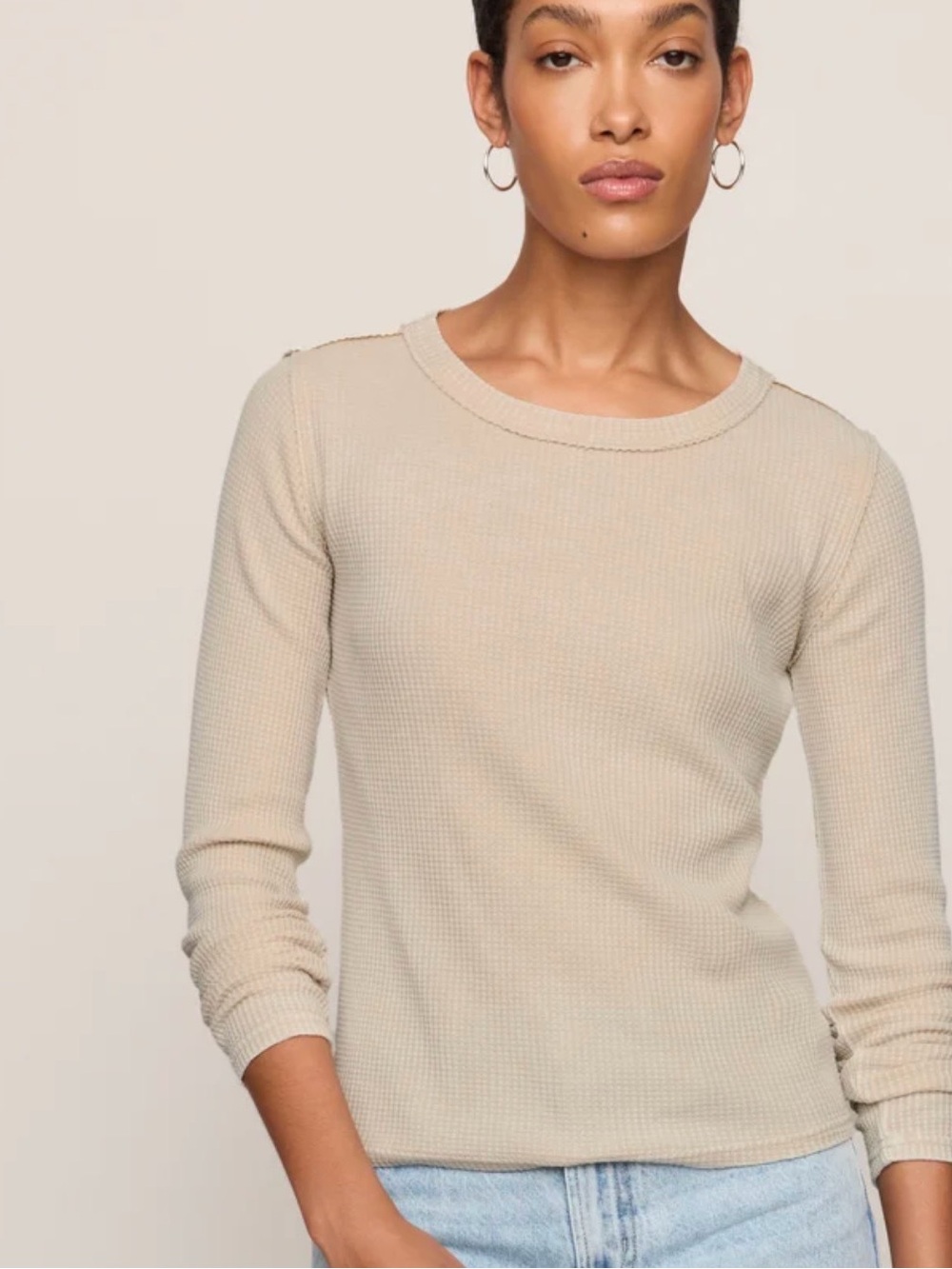 Z Supply Taupe Waffle-Knit Long Sleeve Crewneck